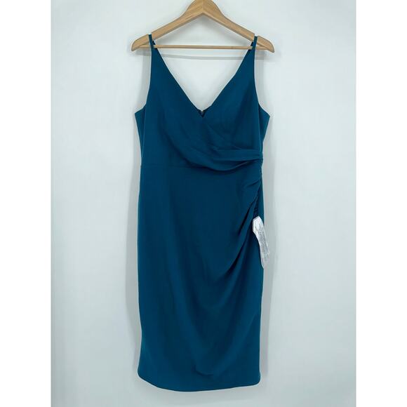 Dress The Population Anita Midi Dress V-Neck Ruched Crepe Sheath, Peacock Blue - Picture 6 of 16